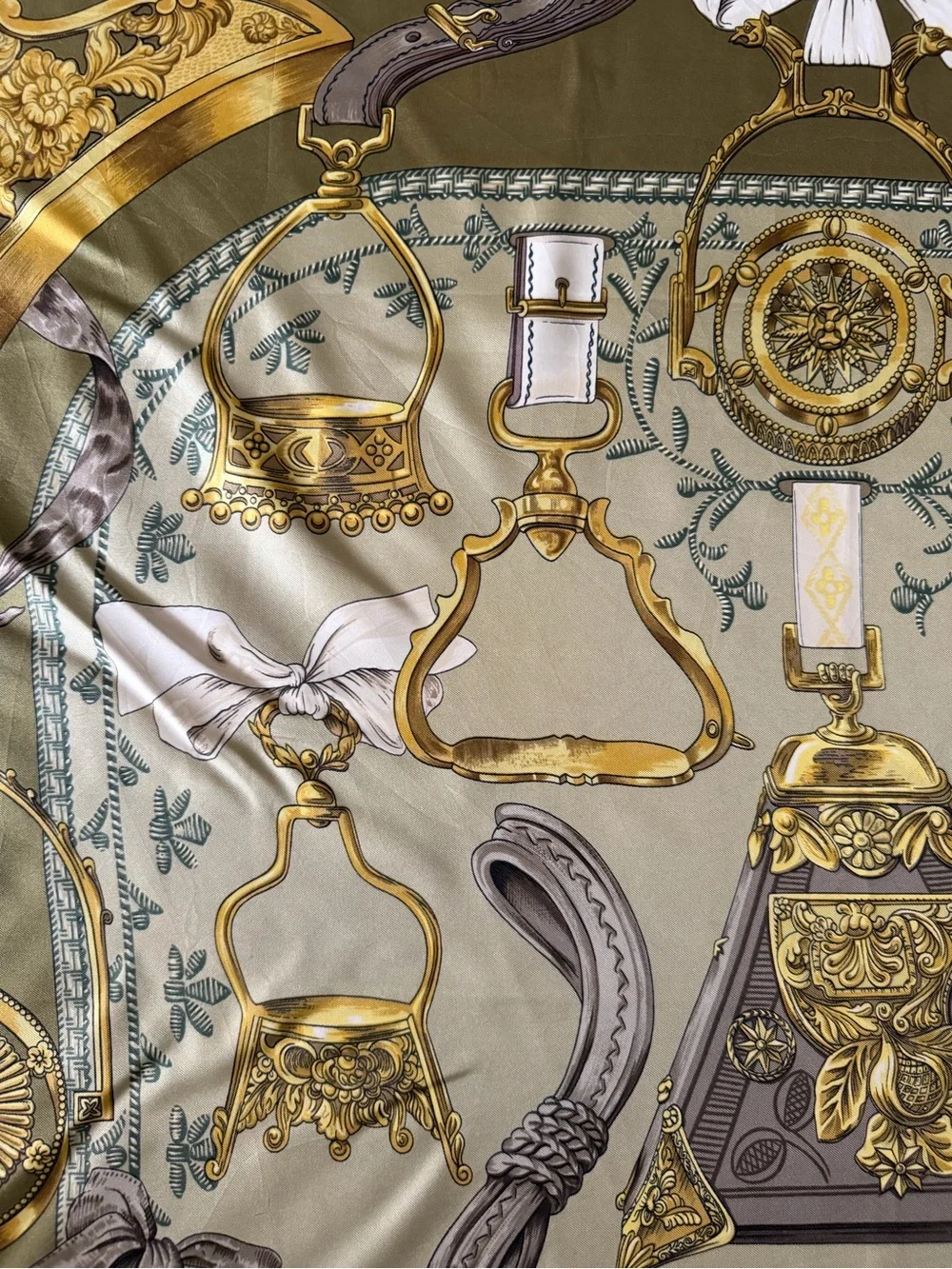 Hermes Etriers Silk Scarf with Gold Equestrian Hardware Print in Olive and Cream - Picture 10 of 16